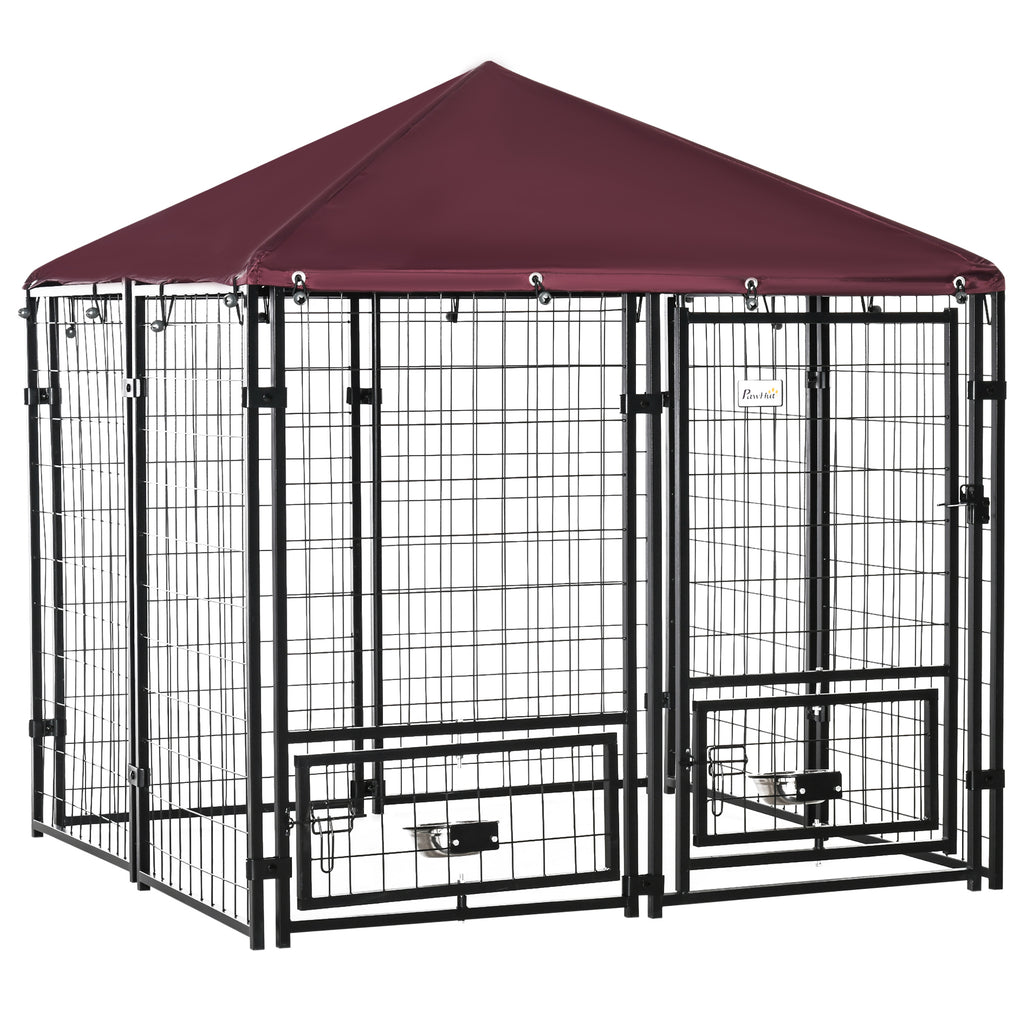 Outdoor Dog Kennel with Rotating Bowl Holders – Red / 1300x715x190 mm