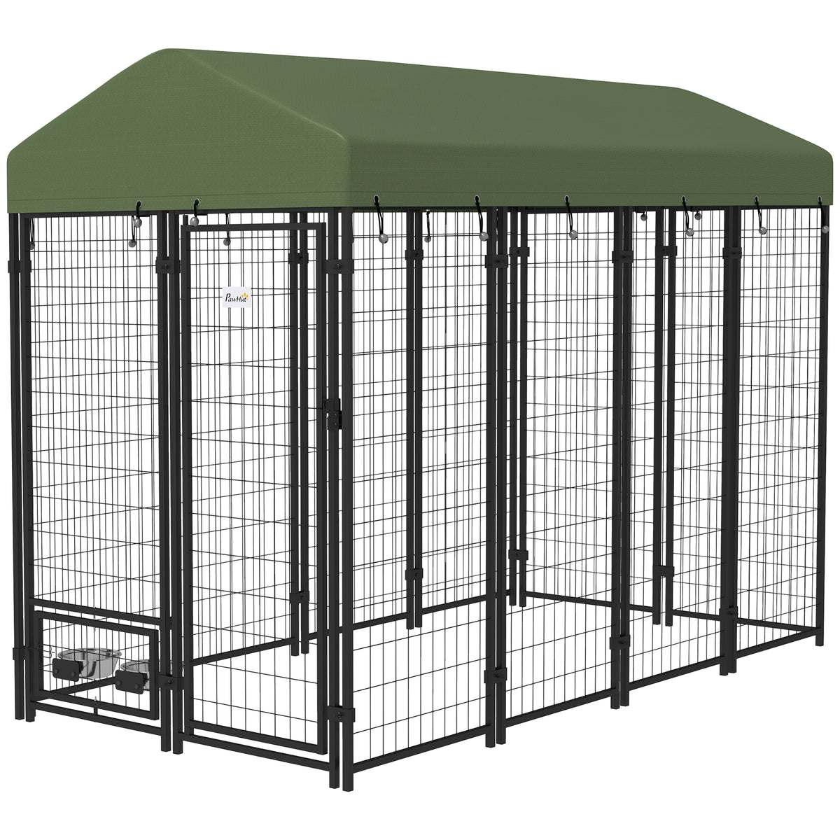 Outdoor Dog Kennel with Rotating Bowl Holders – Green / 1440x620x280 mm