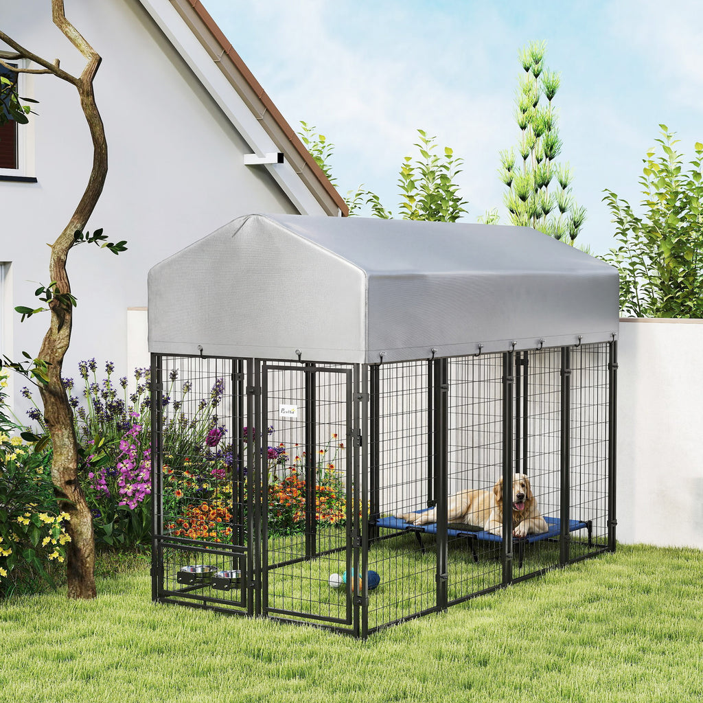 Outdoor Dog Kennel with Rotating Bowls and UV Cover