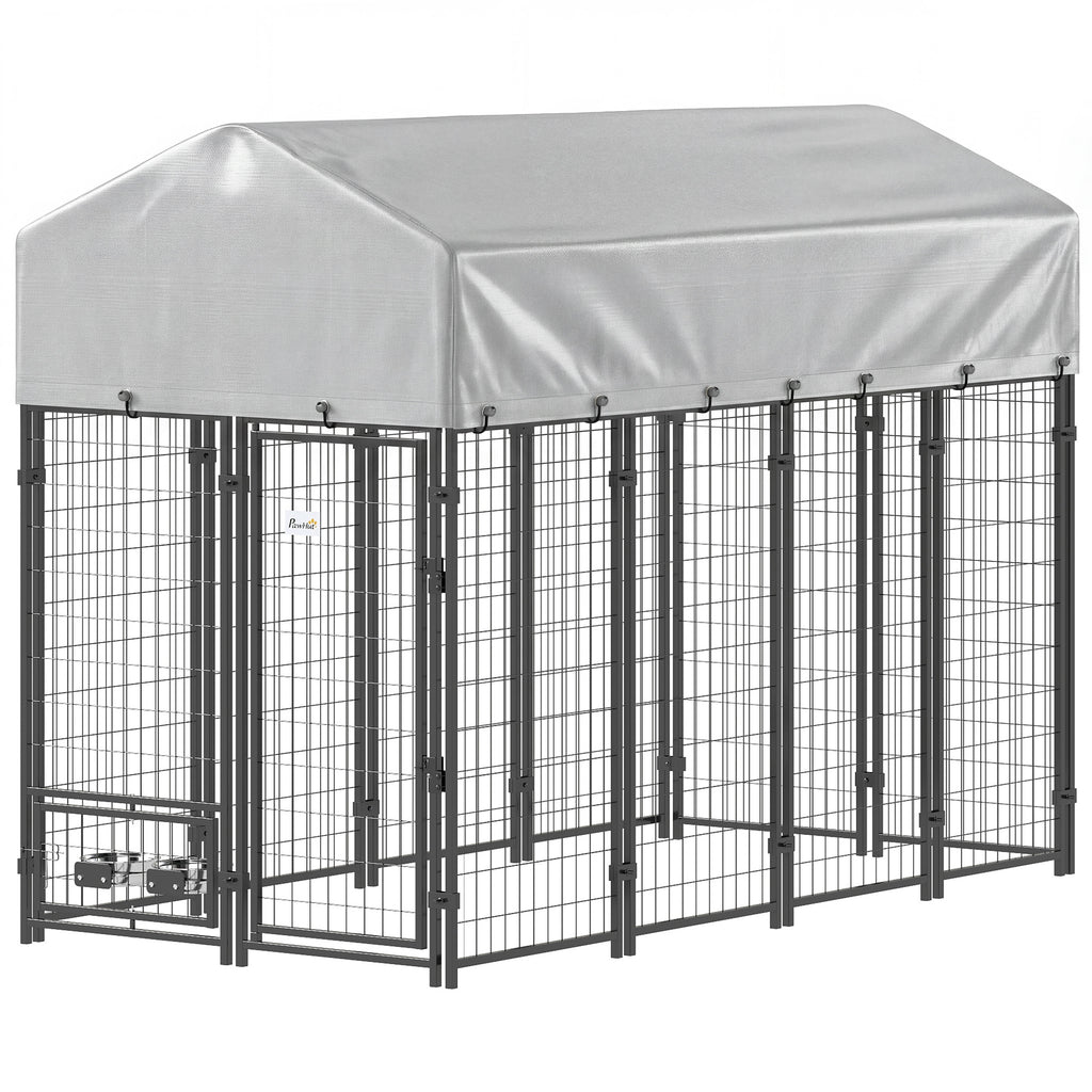 Outdoor Dog Kennel with Rotating Bowls and UV Cover – Silver / 1320x620x280 mm