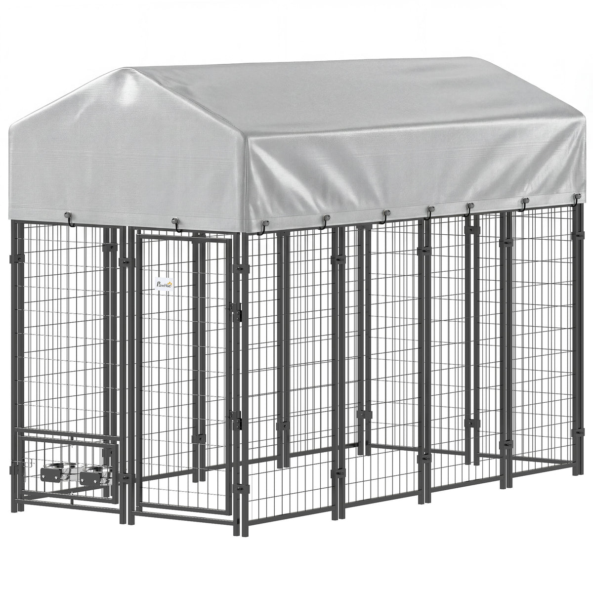 Outdoor Dog Kennel with Rotating Bowls and UV Cover – Silver / 1320x620x280 mm