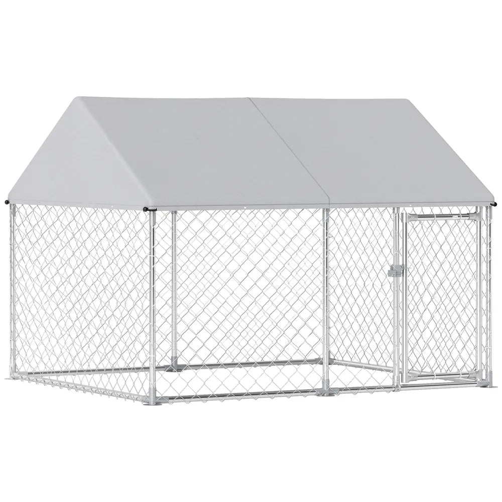 Outdoor Dog Kennel with Waterproof Cover for Large Dogs – Silver