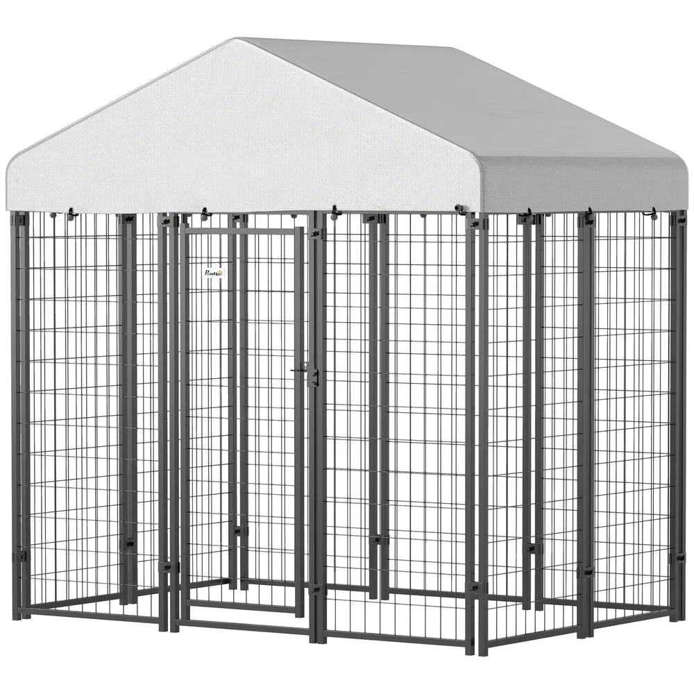Outdoor Dog Kennel with Waterproof Cover for Weather Protection – Silver