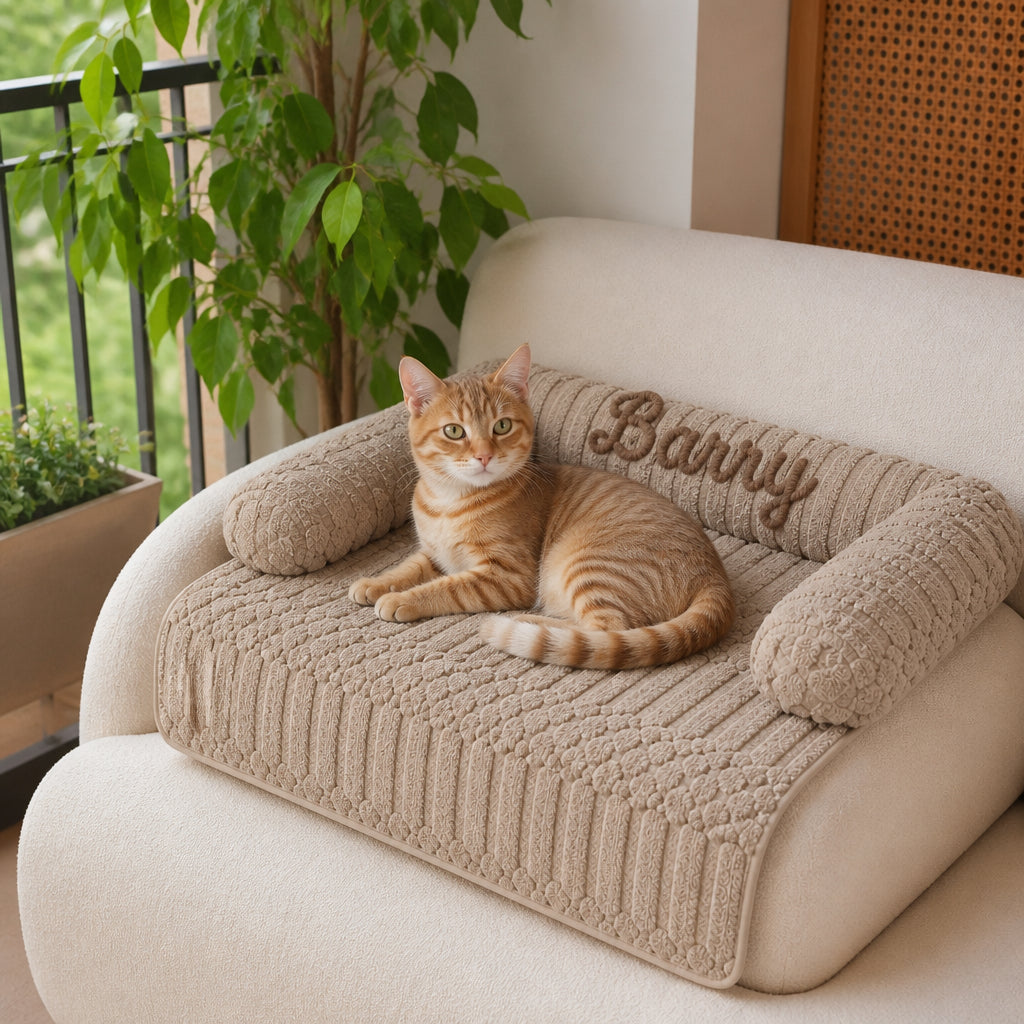 Personalized Fluffy Cat Sofa Bed & Protective Couch Cover – Coffee