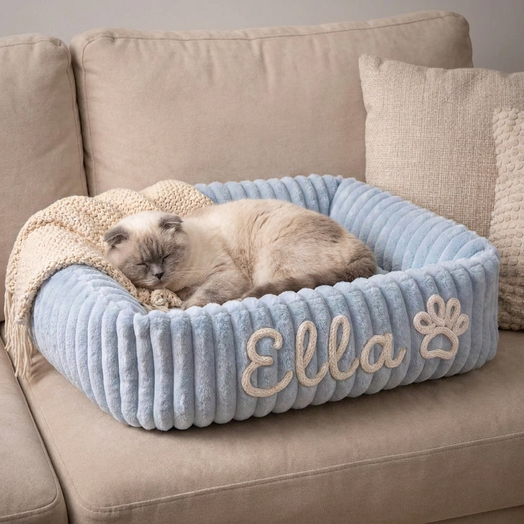 Personalized Fluffy Cloud Cat Bed with Soft Bolsters – Blue / S