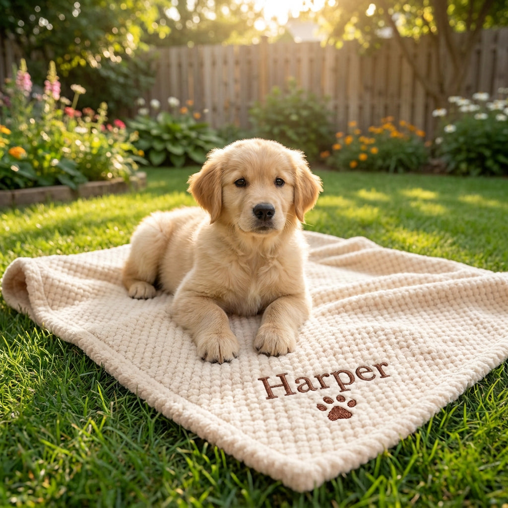 Personalized Fluffy Dog Blanket with Custom Embroidery – Beige