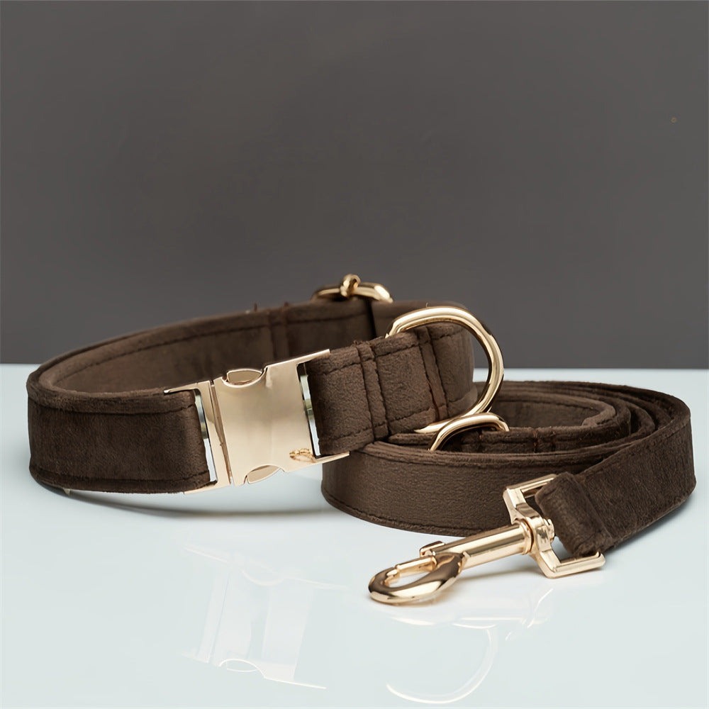 Personalized Velvet Dog Collar and Leash Set with Bow – Brown set / M