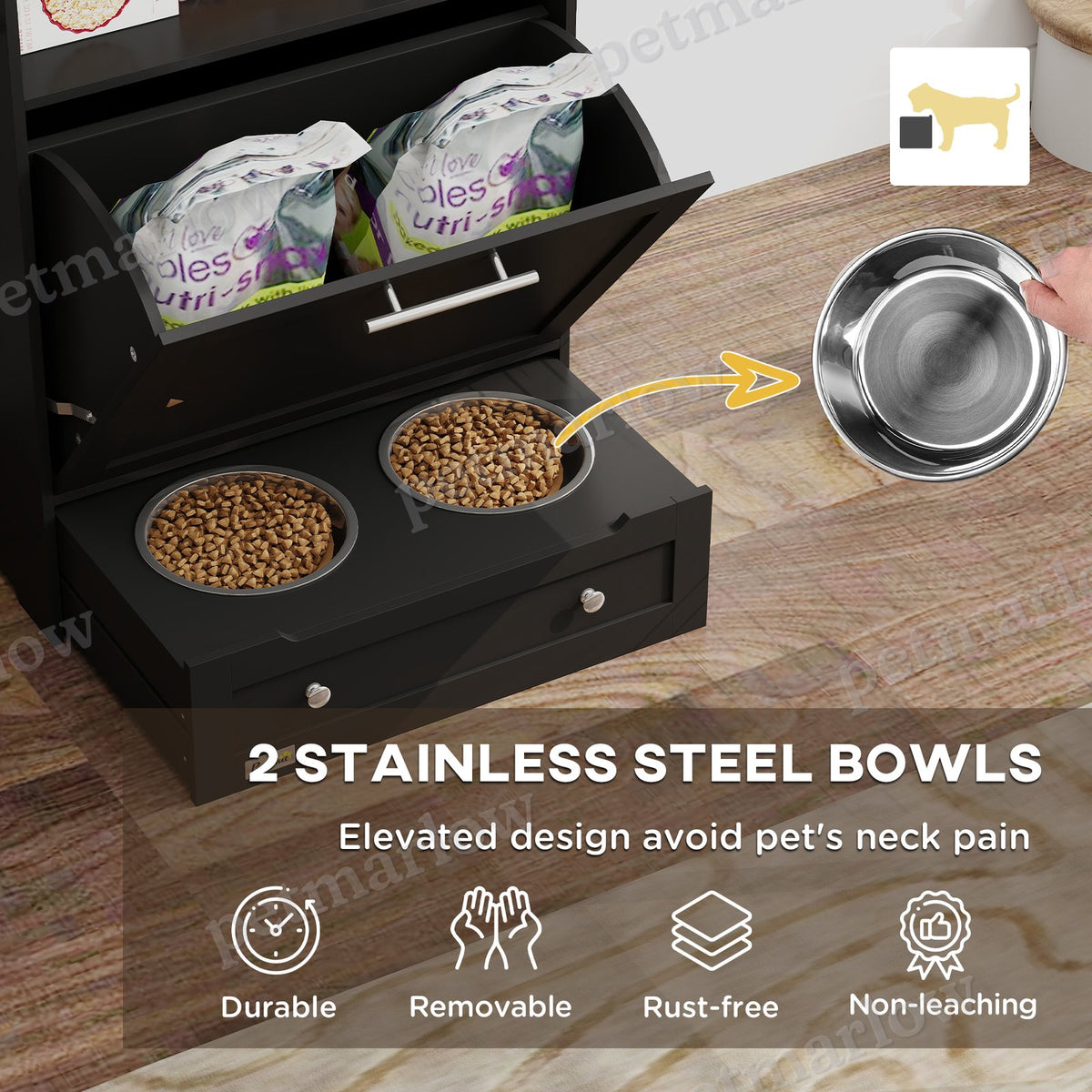 Pet Feeder Station Storage Cabinet with Bowls and Hooks – view 4
