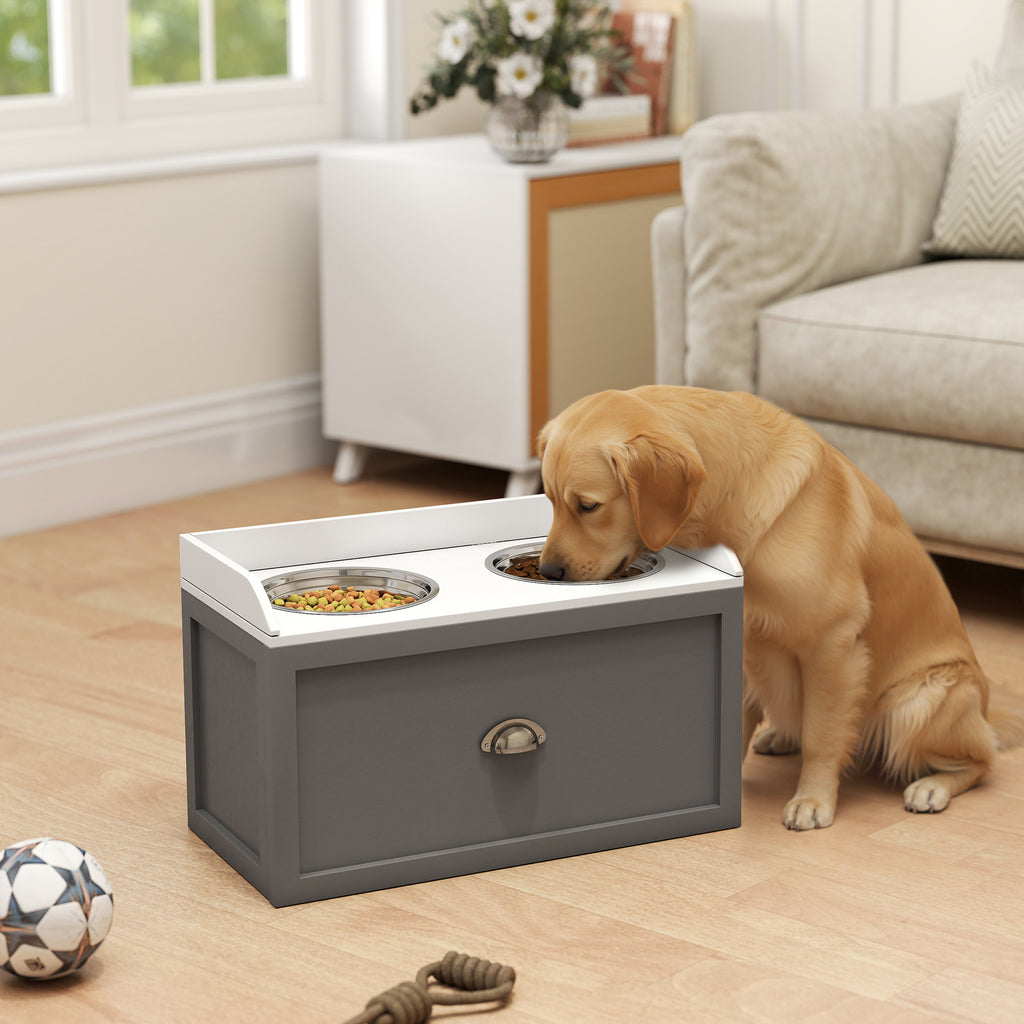 Pet Feeding Station with Storage and 2 Elevated Bowls