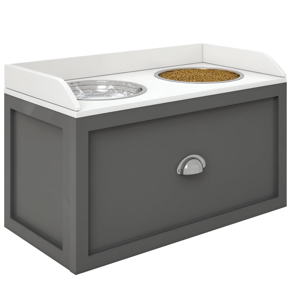 Pet Feeding Station with Storage and 2 Elevated Bowls – Gray / 690x385x180 mm
