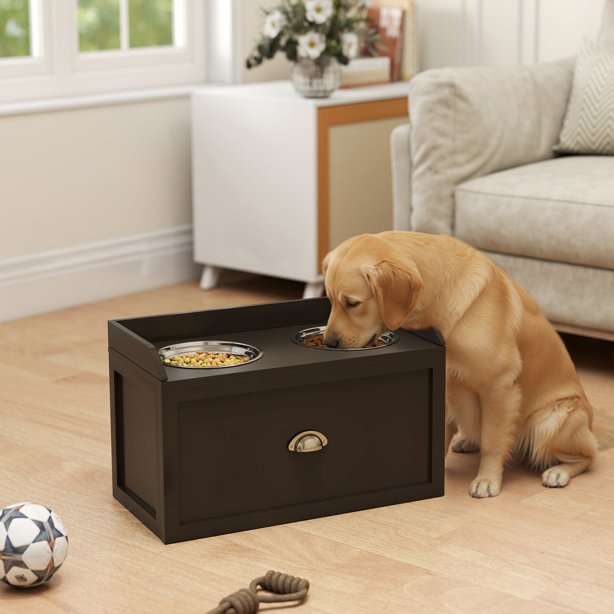 Pet Feeding Station with Elevated Bowls and Storage