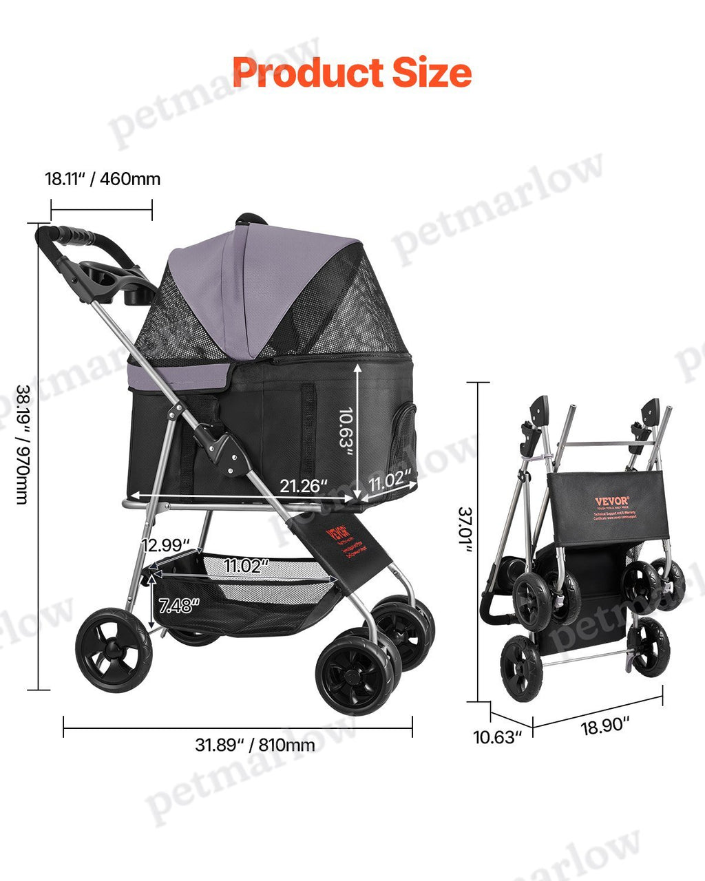 Pet Stroller Foldable 4 Wheels Dog Carrier Up To 35lbs – view 6