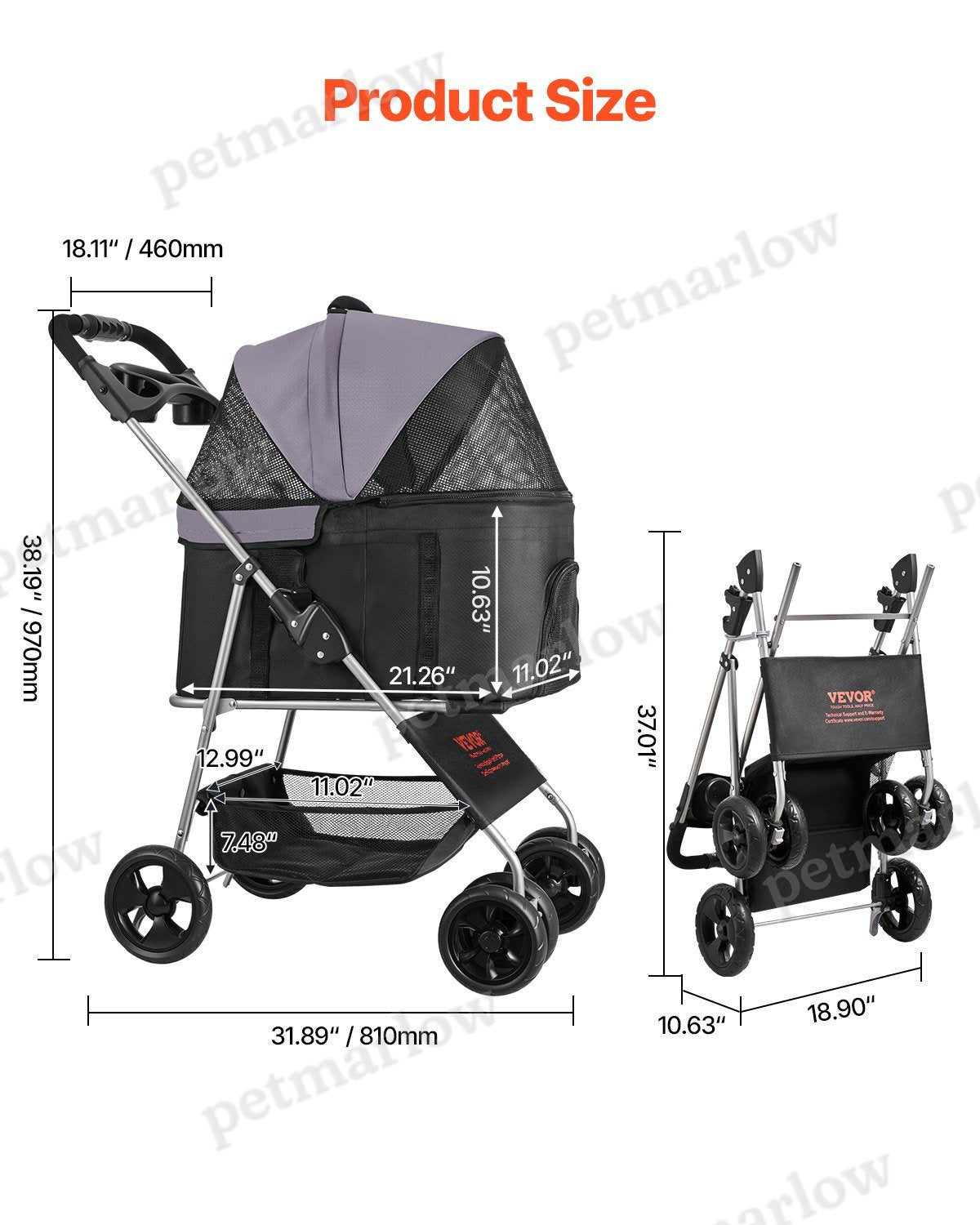Pet Stroller Foldable 4 Wheels Dog Carrier Up To 35lbs – view 6