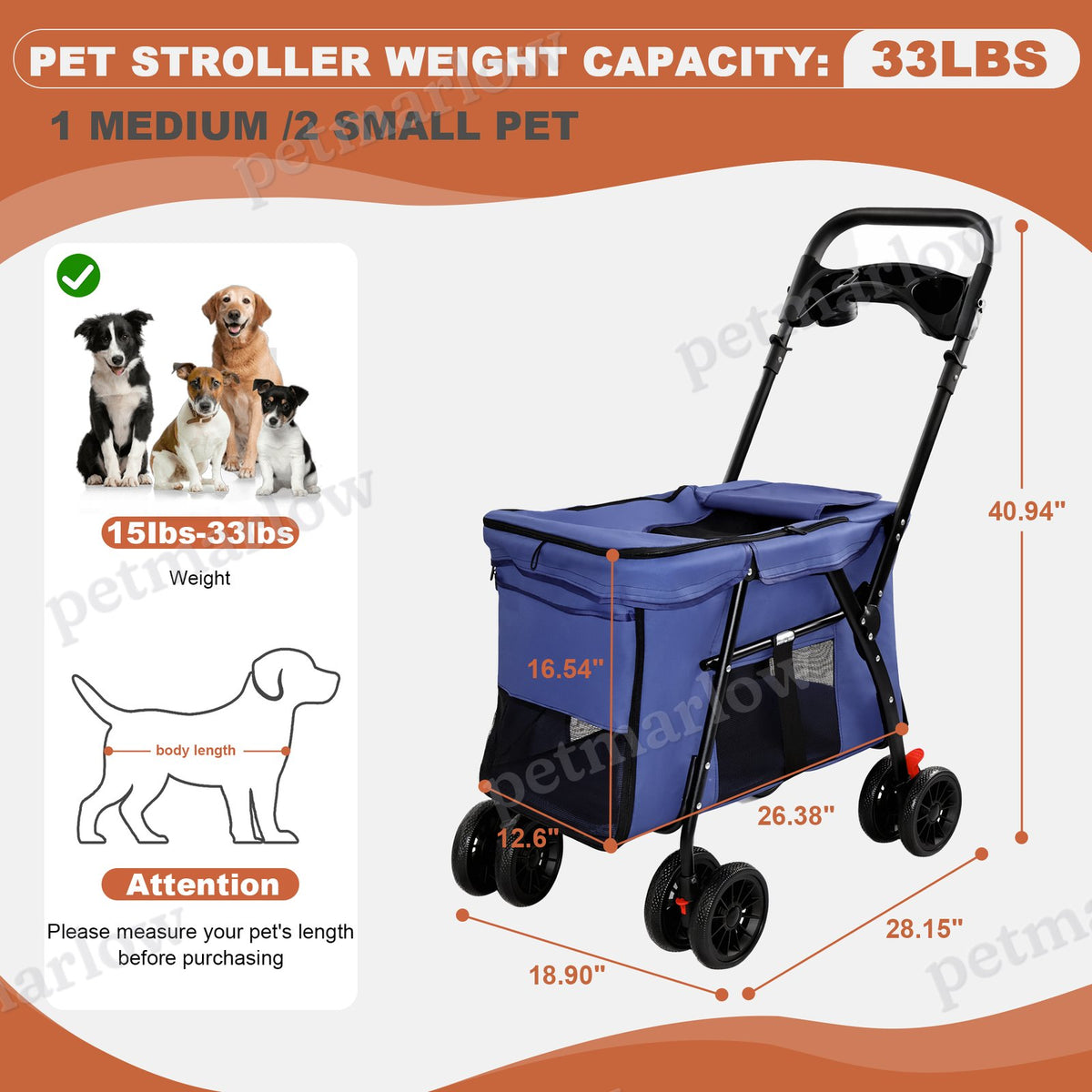 Pet Stroller with Foldable Design and Shockproof Wheels