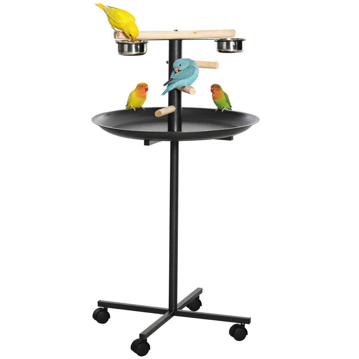 Portable Bird Play Stand with Stainless Steel Bowls and Wheels – Grey / 640x640x125 mm