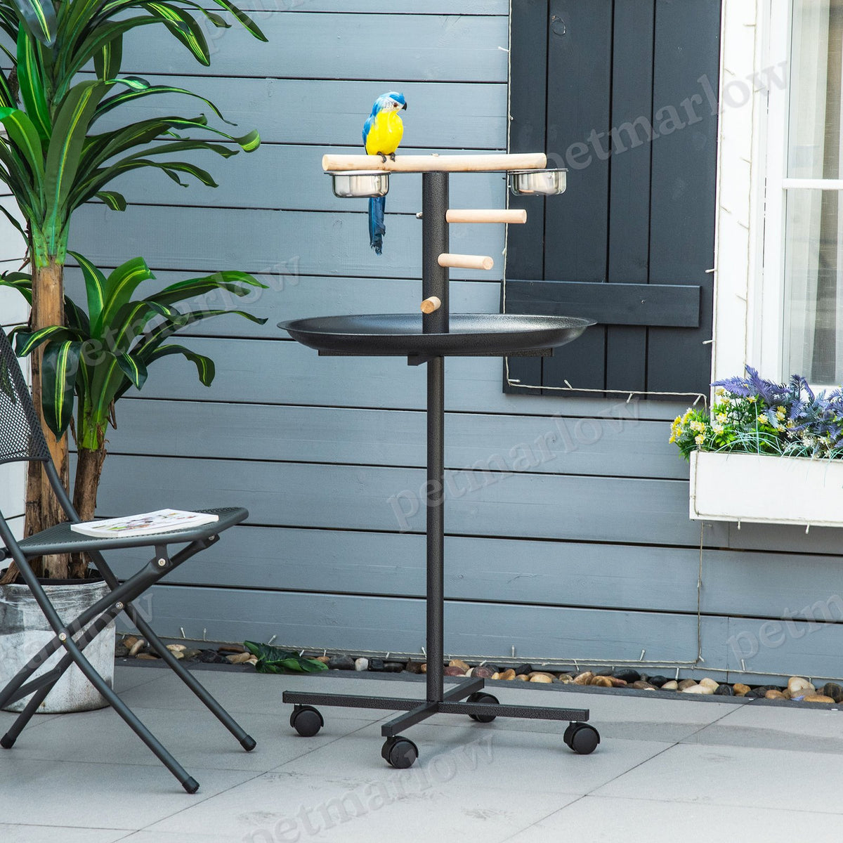 Portable Bird Play Stand with Stainless Steel Bowls and Wheels – view 3