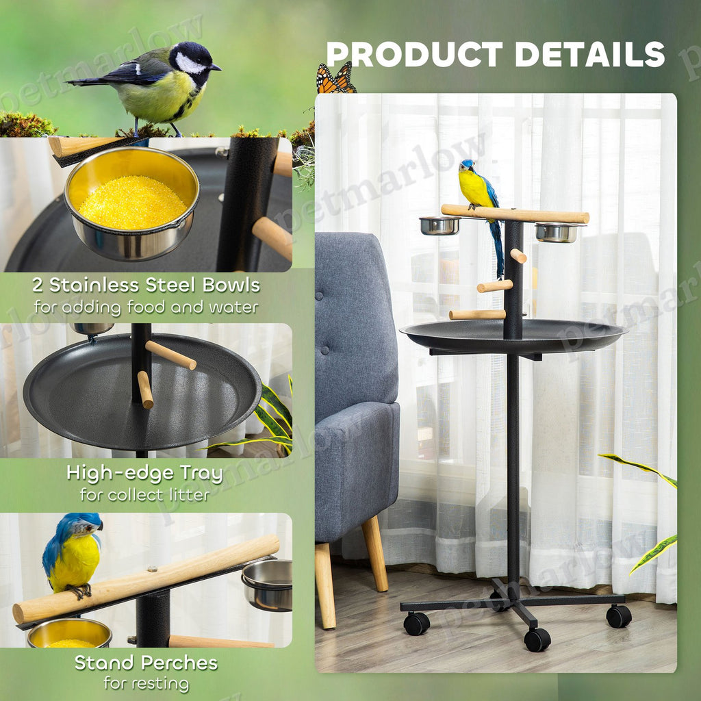 Portable Bird Play Stand with Stainless Steel Bowls and Wheels – view 5