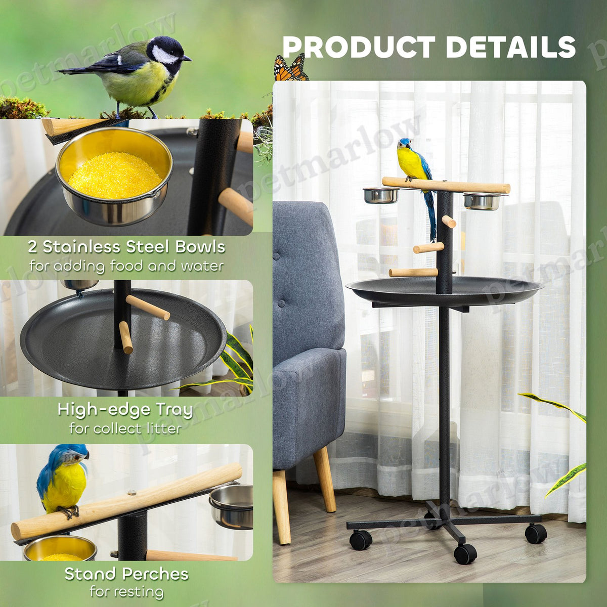 Portable Bird Play Stand with Stainless Steel Bowls and Wheels – view 5