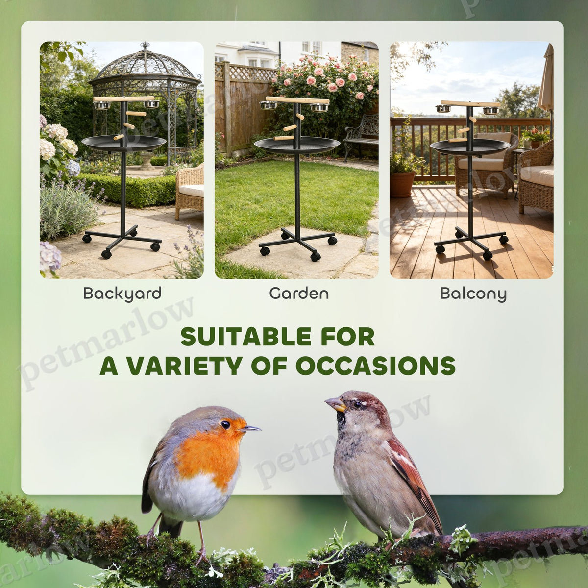 Portable Bird Play Stand with Stainless Steel Bowls and Wheels – view 6