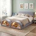 Queen Size Upholstered Platform Bed Frame with Cat Caves