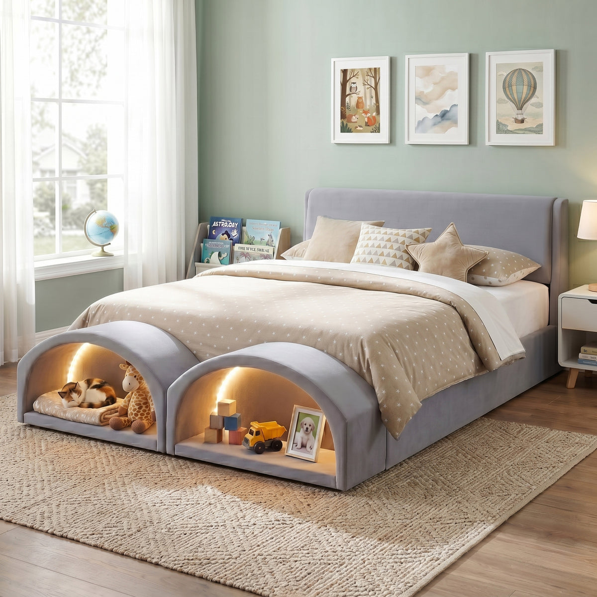 Queen Size Upholstered Platform Bed Frame with Cat Caves
