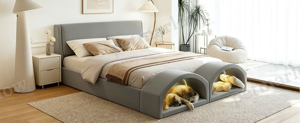 Queen Size Upholstered Platform Bed Frame with Cat Caves – view 3