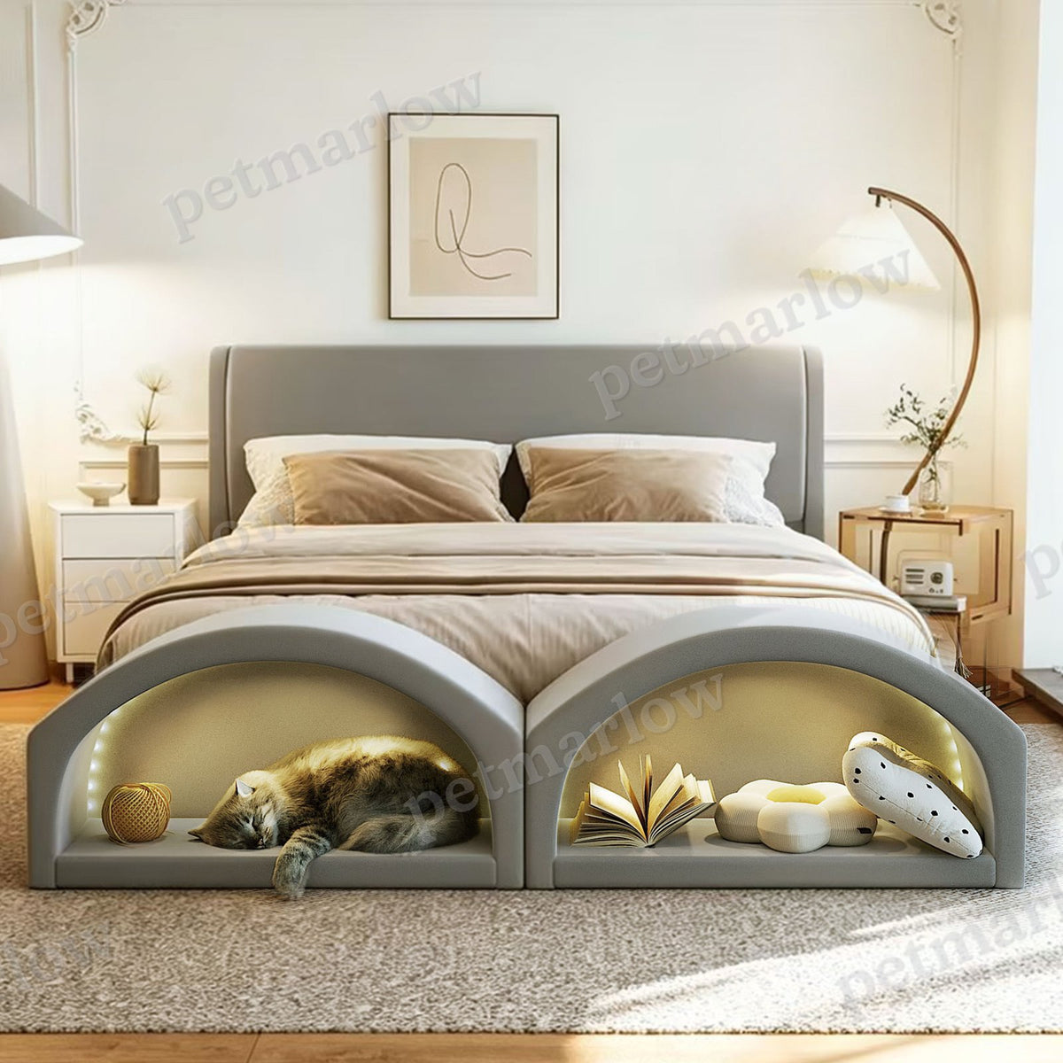 Queen Size Upholstered Platform Bed Frame with Cat Caves – view 4