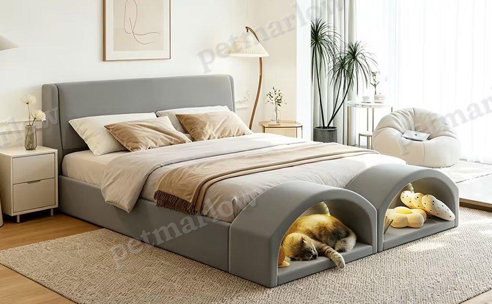 Queen Size Upholstered Platform Bed Frame with Cat Caves – view 6