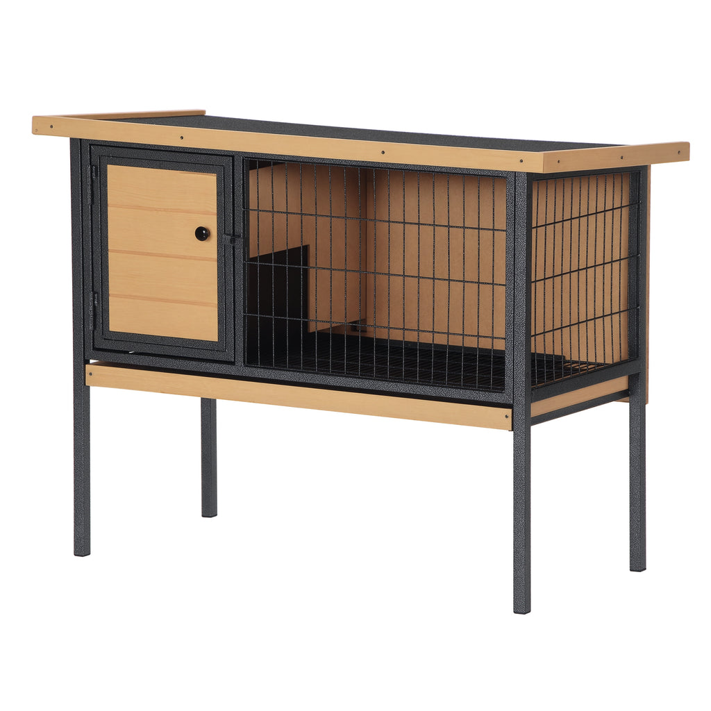 Rabbit Hutch Elevated Small Animal Habitat with Metal Frame – Natural Wood, Black / 995x505x160 mm