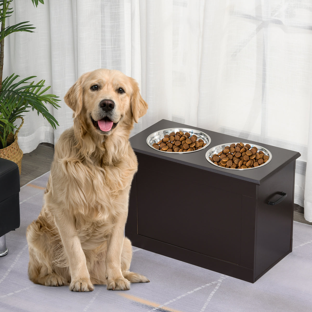 Raised Pet Feeding Storage Station with 2 Bowls