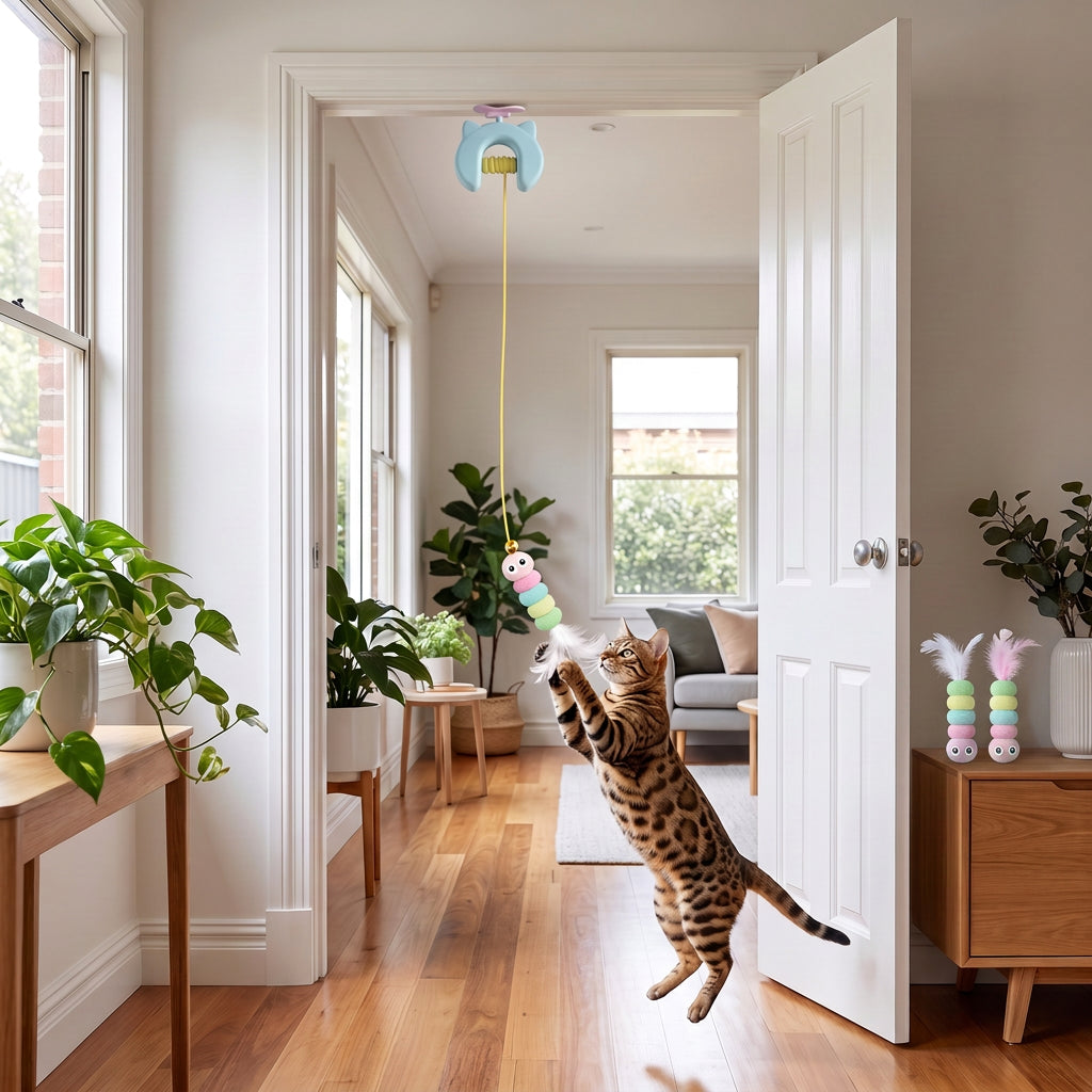 Rechargeable Hanging Door Cat Toy with Interactive Flying Feather – Blue With 2 Replacement Heads