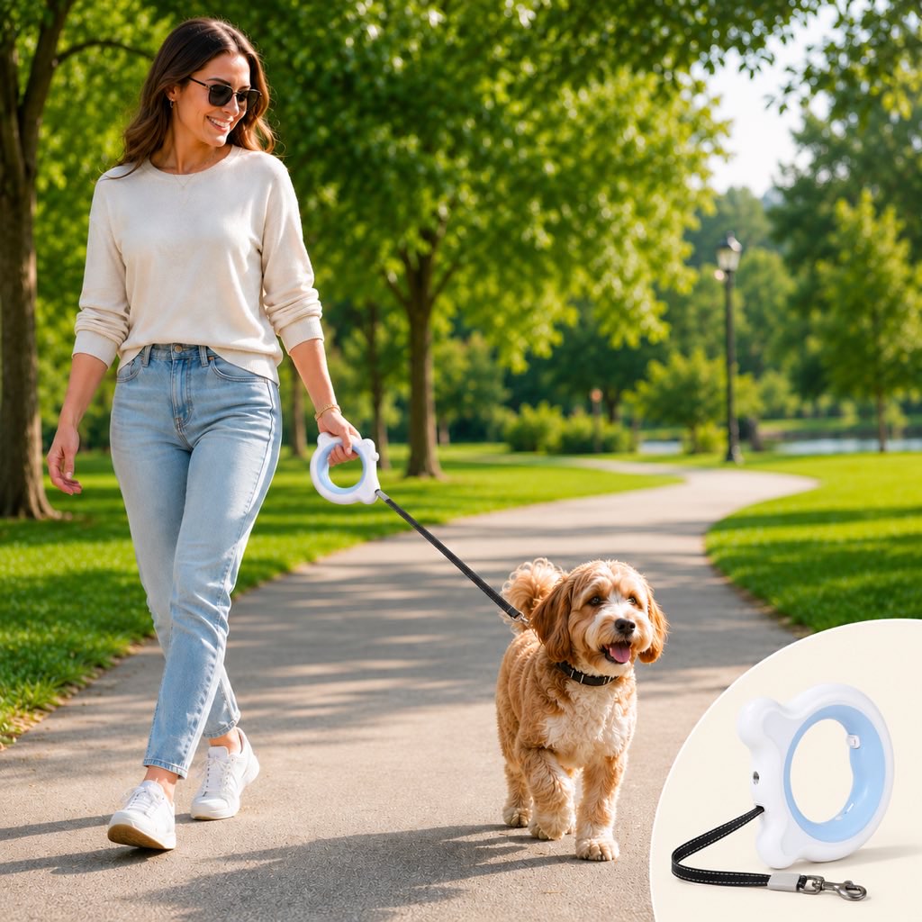 Reflective Nylon One-Touch Retractable Dog Leash (Optional LED) – Blue / LED Light