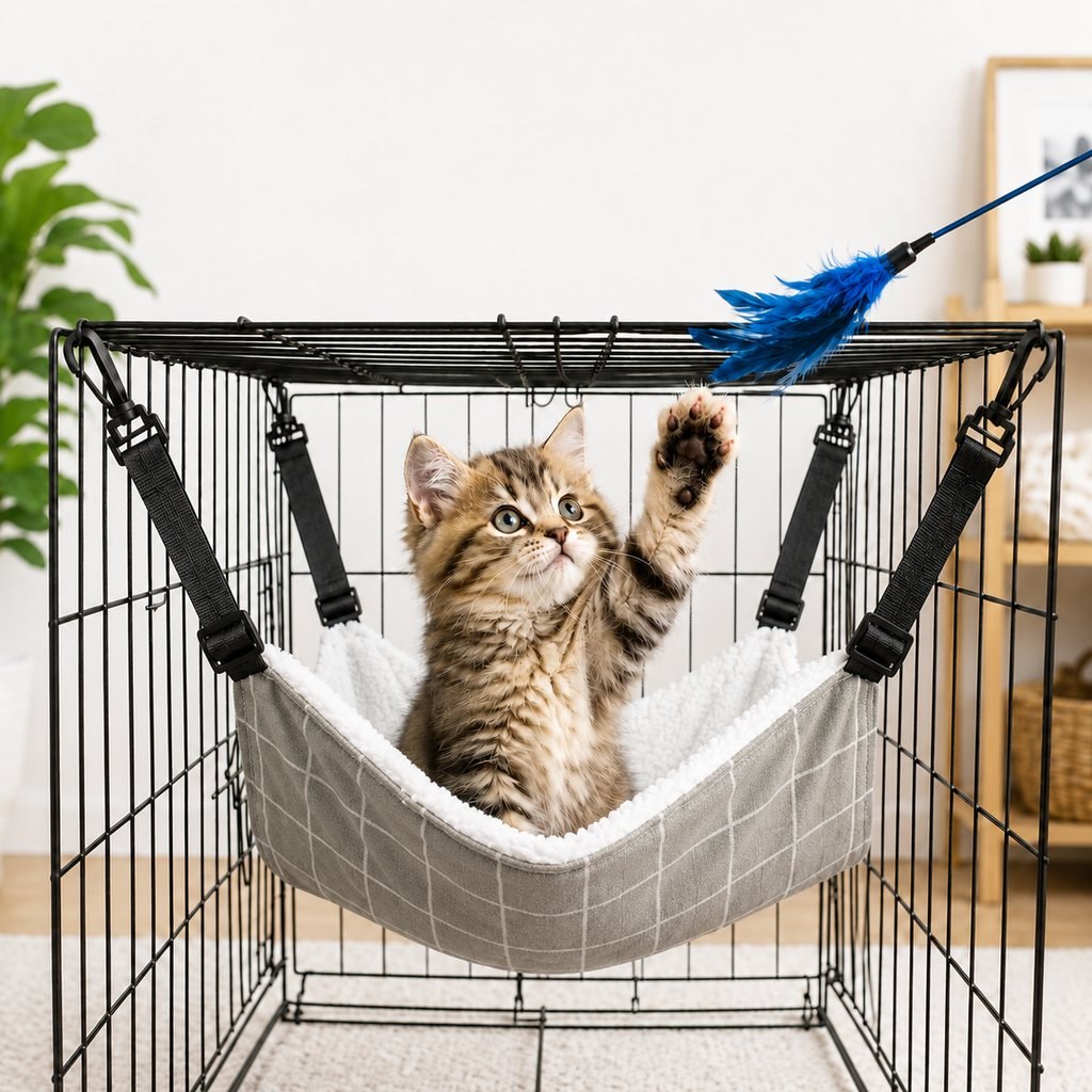 Reversible Plush & Fabric Cat Cage Hammock – Gray Grid / Fall/Winter Plush / 10.6 x 10.6 in