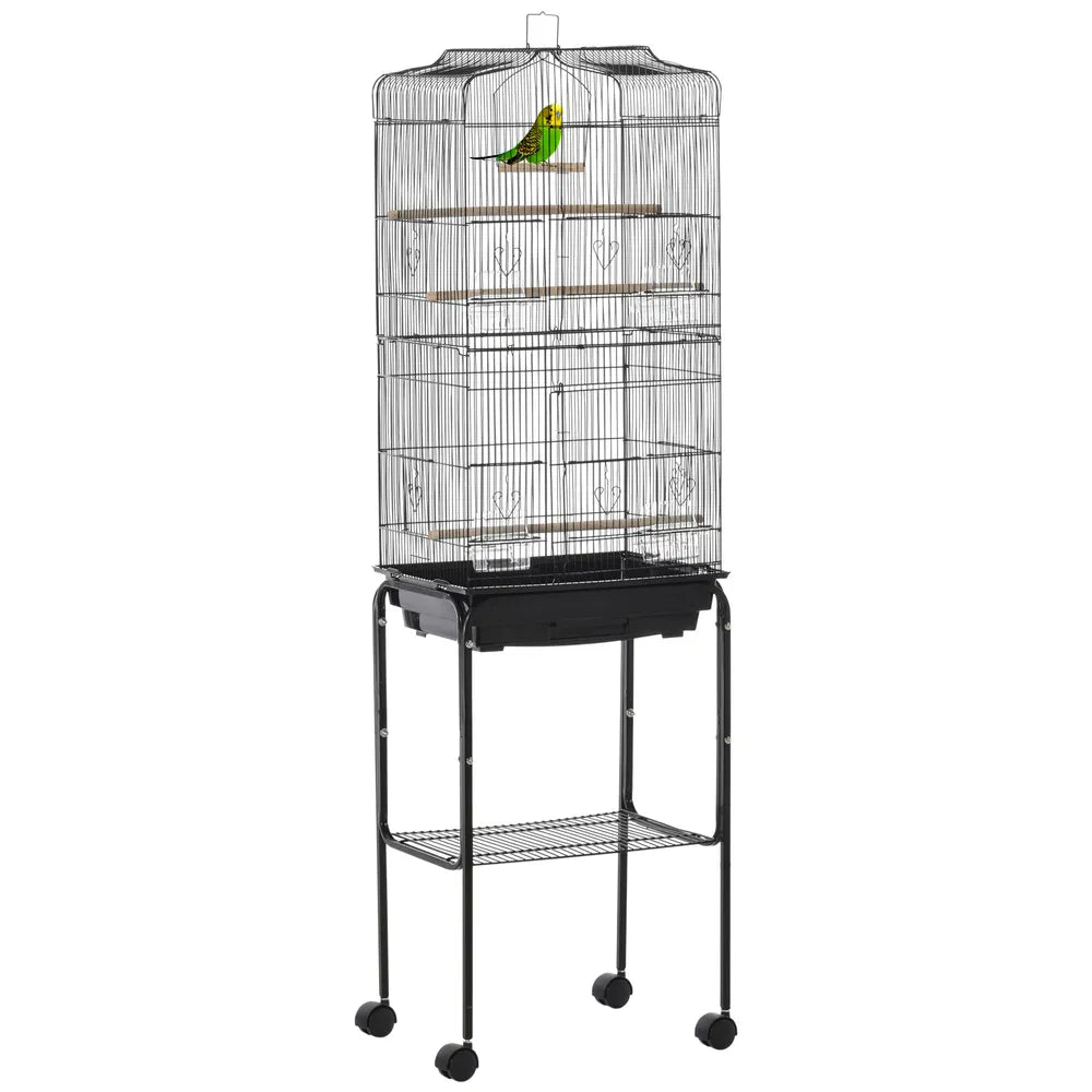 Rolling Bird Cage with Play Top and Storage Shelf – Black
