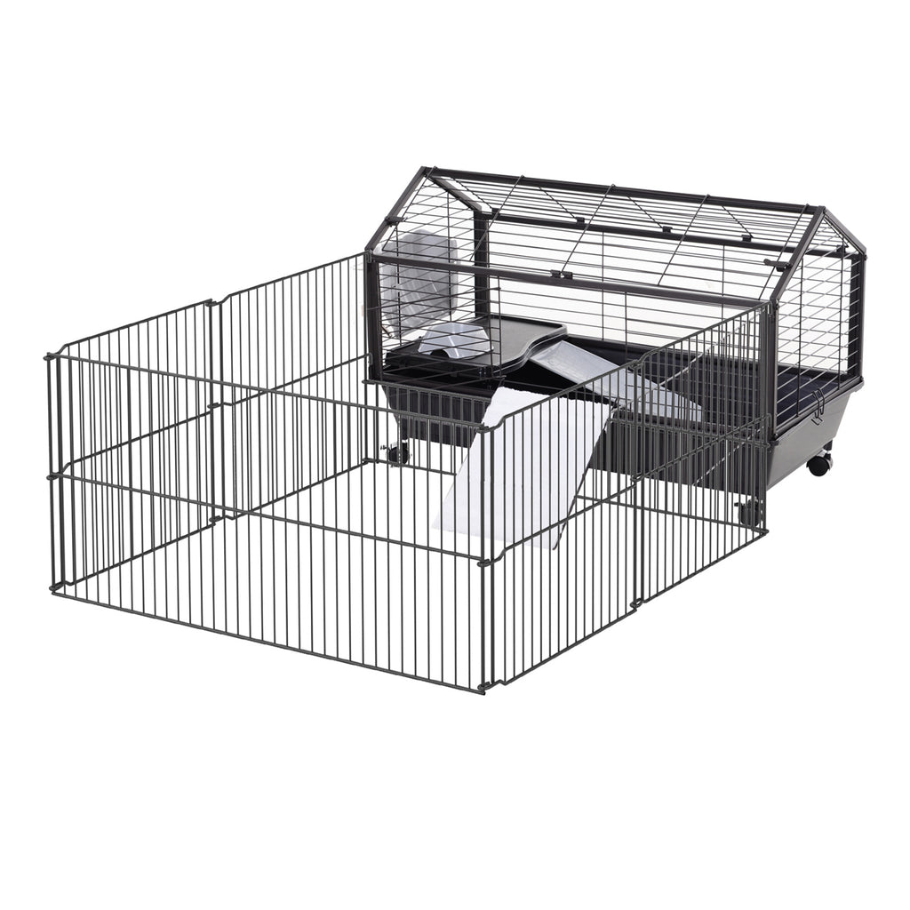 Rolling Metal Hutch Cage for Small Animals with Run – Black and Beige / 930x240x515 mm