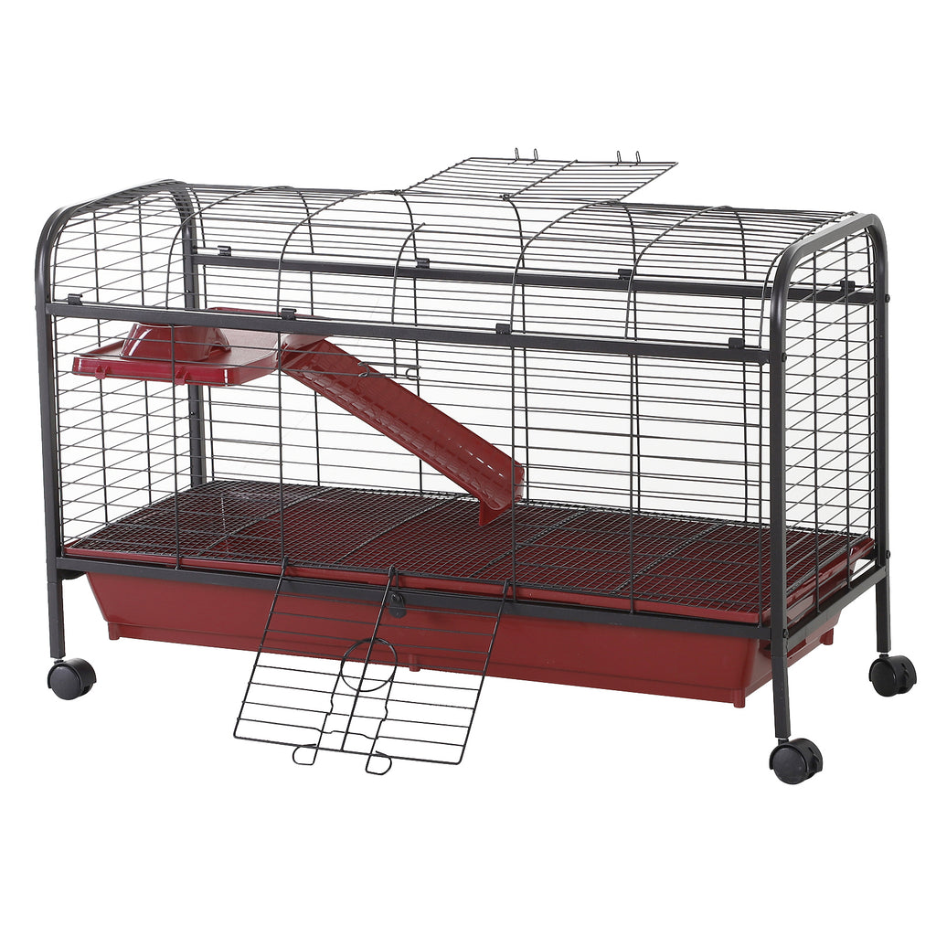Small Animal Cage with Rolling Wheels and Feeder – Red and Black / 1070x210x495 mm