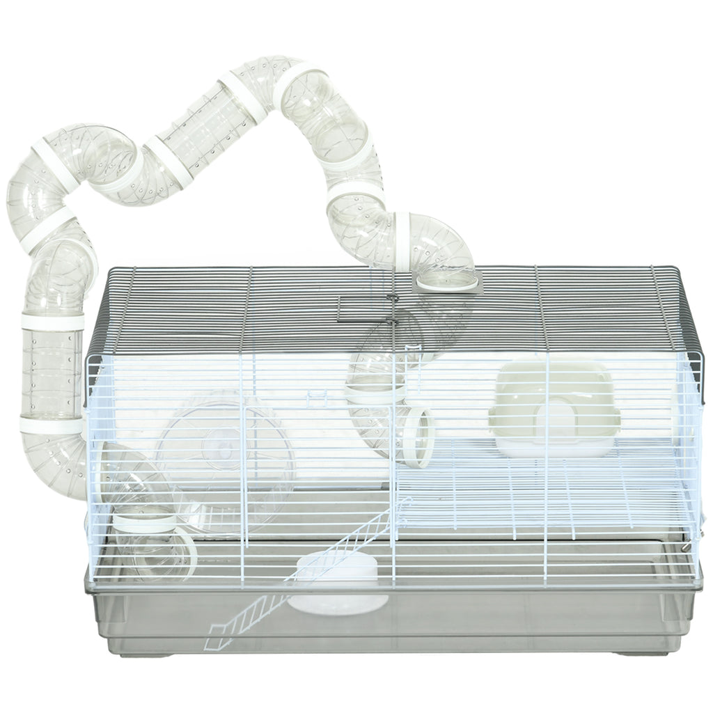 Small Animal Cage with Tubes and Exercise Wheel for Gerbils – Gray / 625x360x170 mm