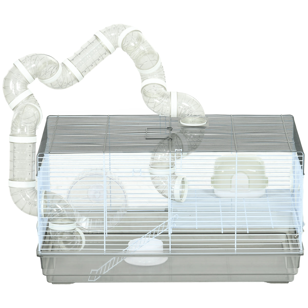 Small Animal Cage with Tubes and Exercise Wheel for Gerbils – Gray / 625x360x170 mm