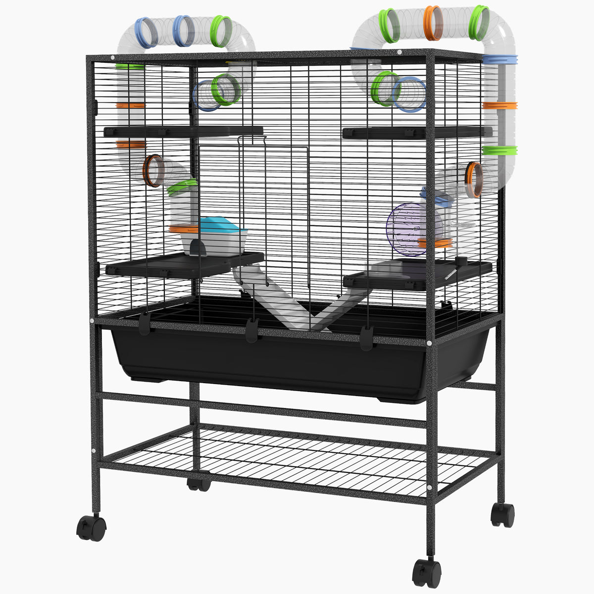 Small Animal Cage with Tubing System and Running Wheel – Black / 860x610x270 mm