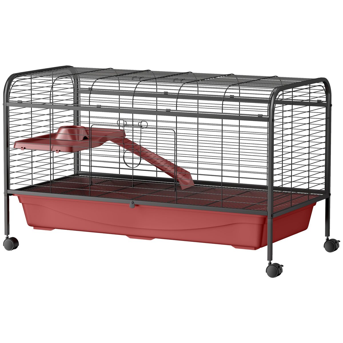 Small Animal Cage with Wheels and Ramp for Rabbits – Red and Black / 1270x250x650 mm