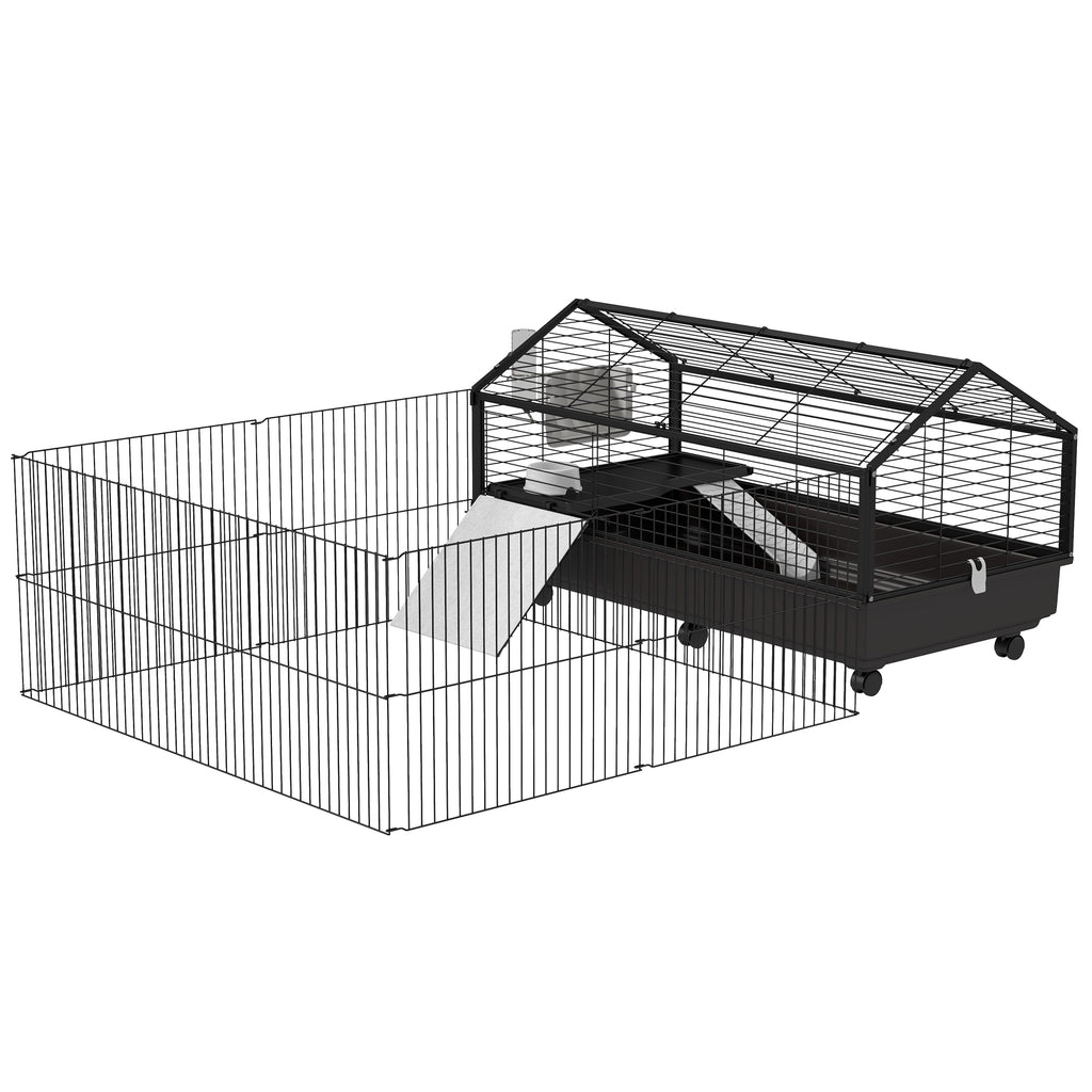 Small Animal Playpen Cage with Rolling Caster and Water Bottle – Black and Beige / 1220x610x210 mm