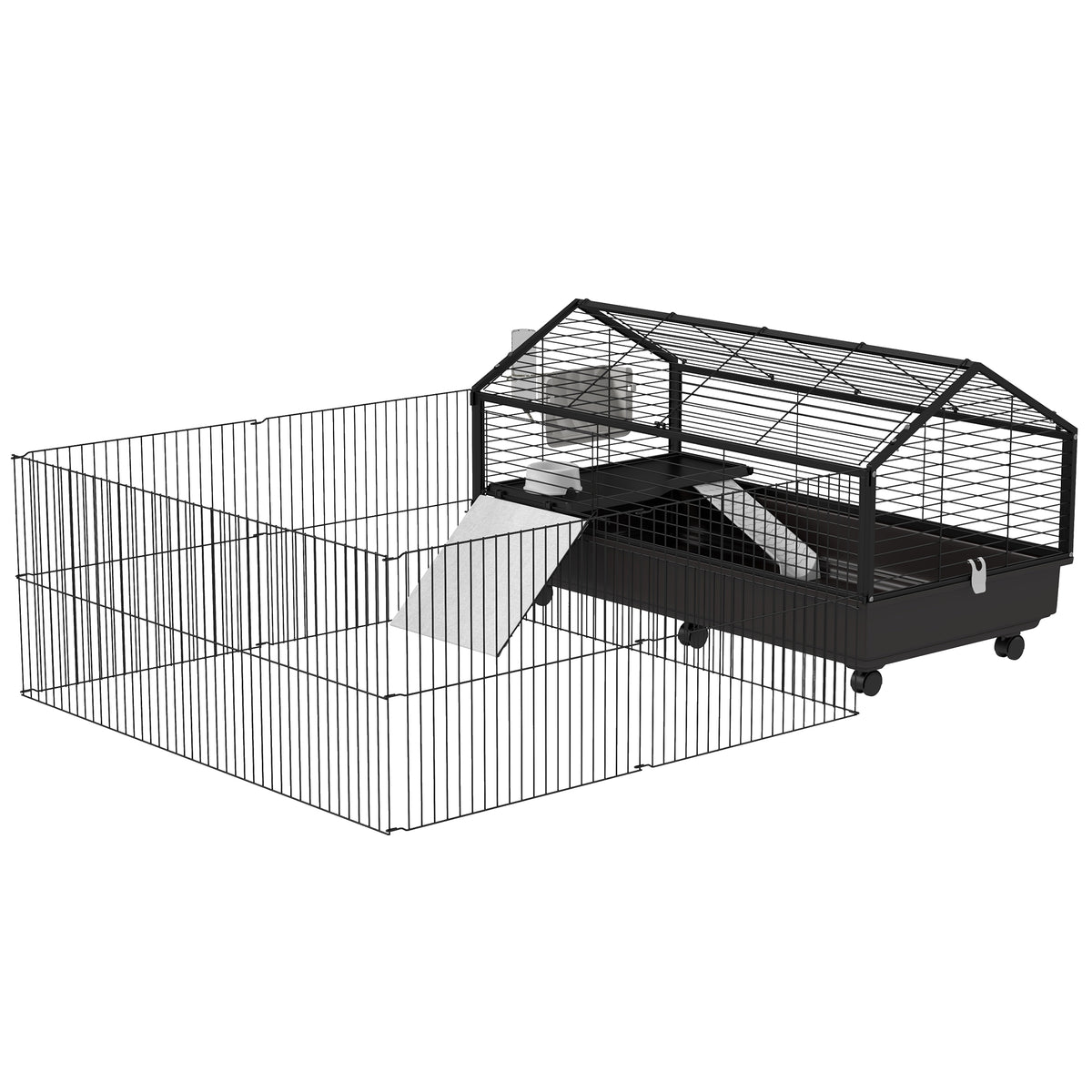 Small Animal Playpen Cage with Rolling Caster and Water Bottle – Black and Beige / 1220x610x210 mm