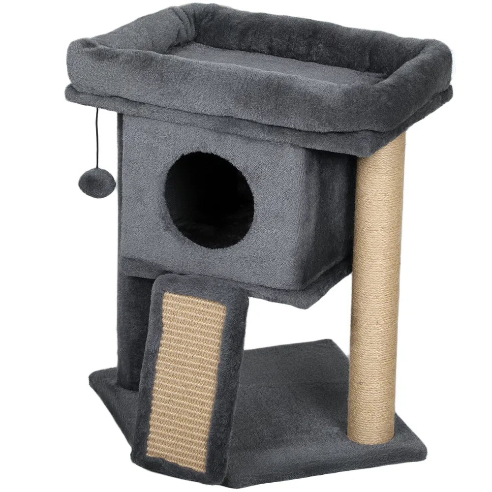 Small Cat Tower with Perch and Scratching Post for Indoor Use – Dark Grey