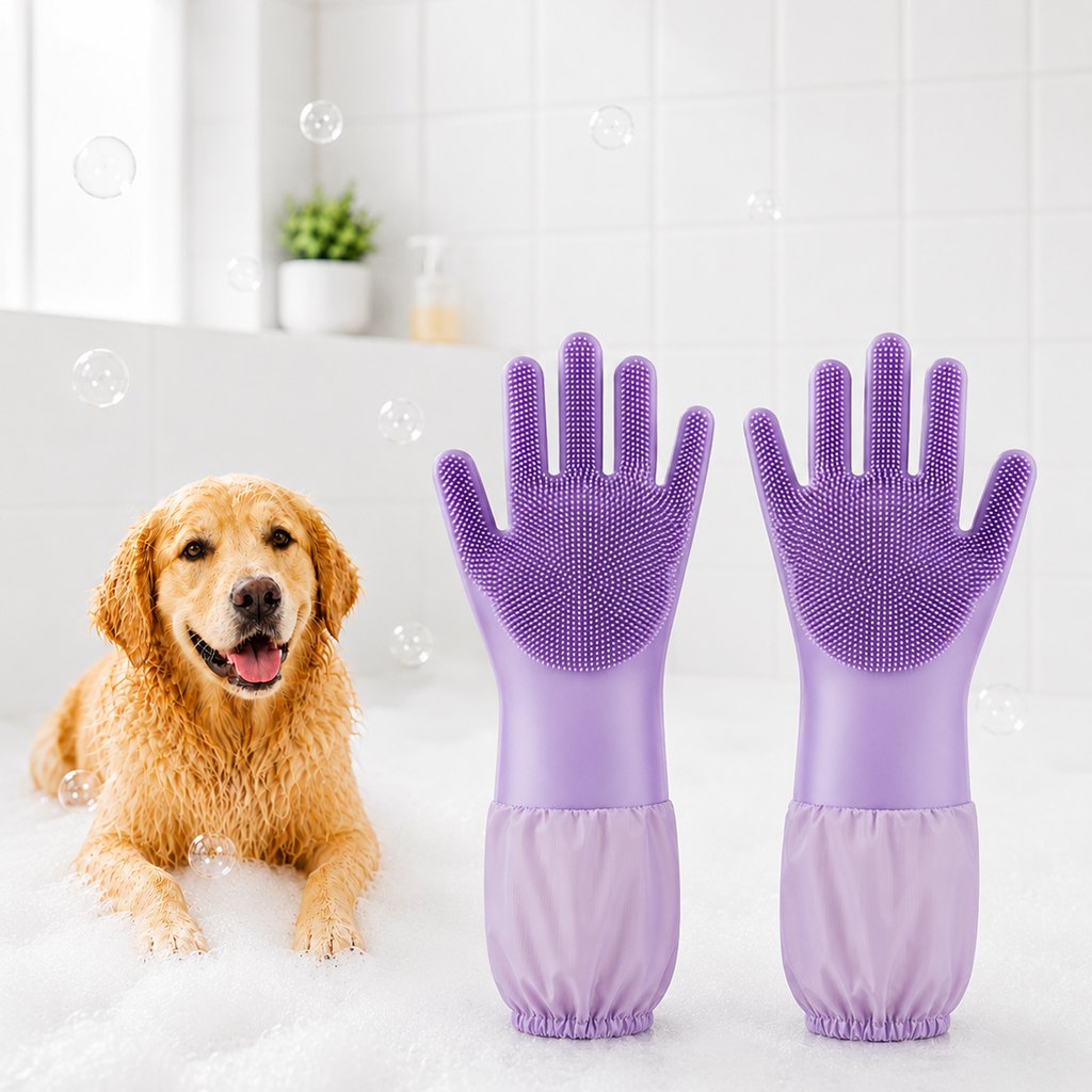 Soft Silicone Deshedding Pet Grooming Gloves (Long Sleeve) – Purple