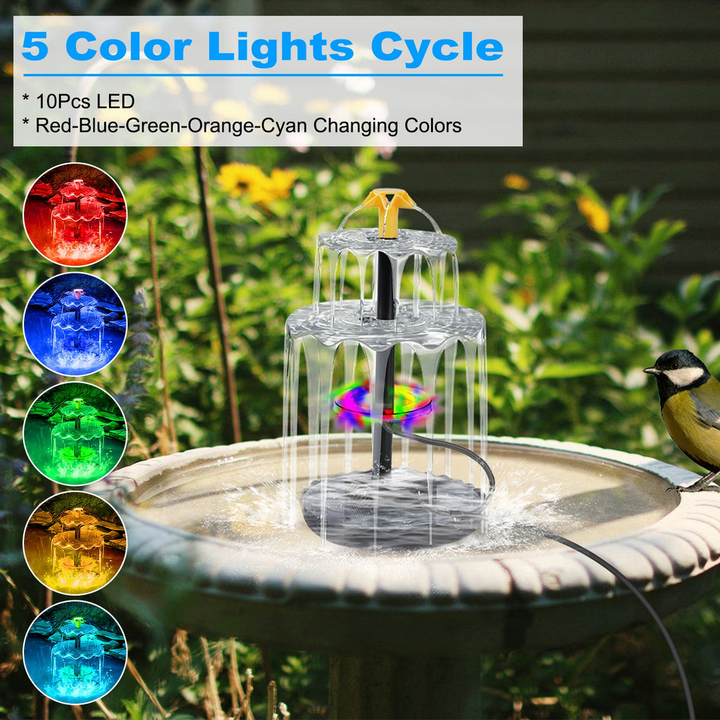 Solar Bird Bath Fountain with Colorful Lights and Nozzles