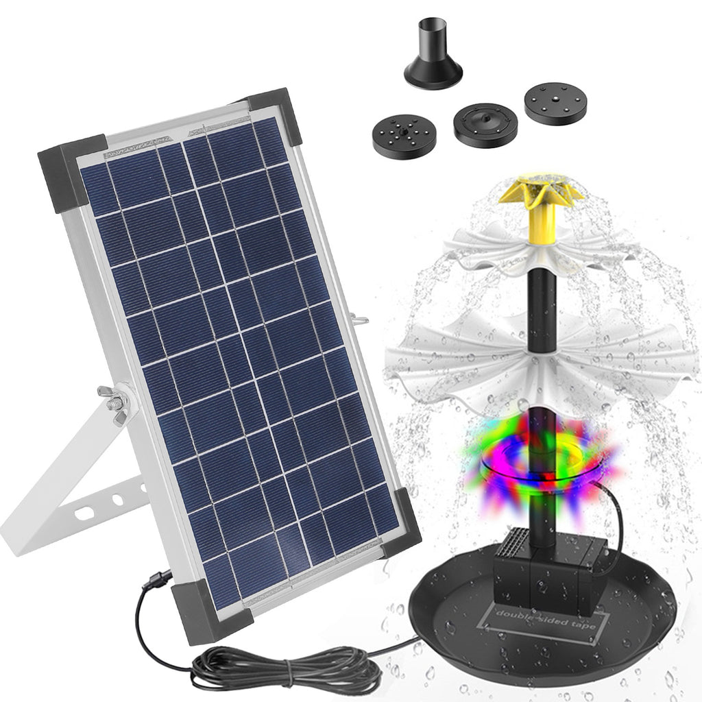 Solar Bird Bath Fountain with Colorful Lights and Nozzles – Black