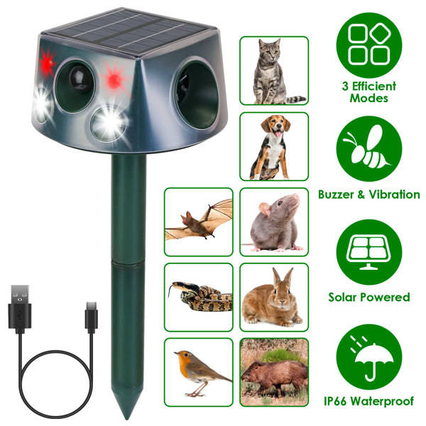 Solar & Type-C Rechargeable Animal Repeller with 3 Modes