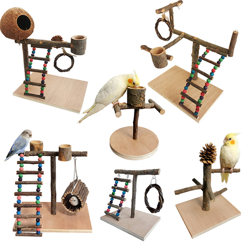 Solid Wood Parrot Station Frame Training Bird Shelf Perch Toy Stand
