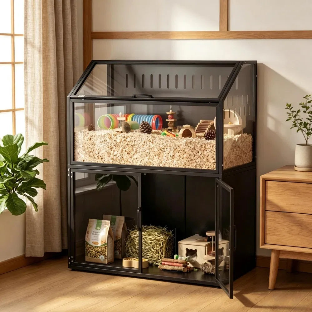 Spacious Hamster Cage with Storage and Clear Panels