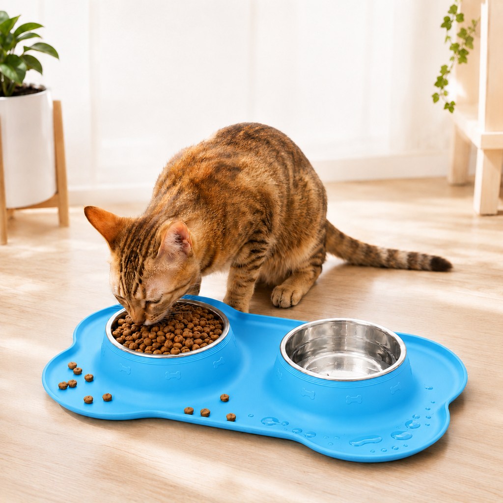 Spill-Proof Non-Slip Silicone Dual Pet Bowl (Removable Stainless Steel Bowls) – Blue / S: 14.2x8.3x1.4 in